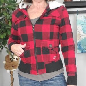 FOX GIRLS Y2K Buffalo Check Faux Sherpa Ribbed Cuff Bomber Jacket M